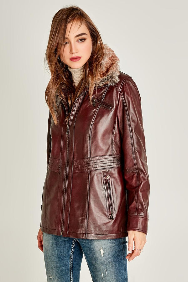 Emma Brown Leather Jacket For Women With Fur Collar