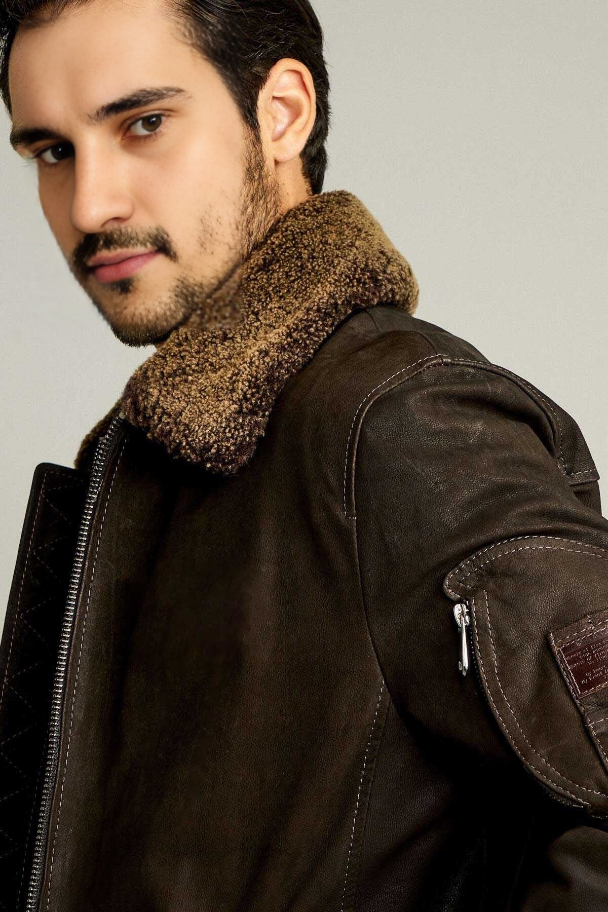 Bomber Dark Brown Fur Collar Jacket For Men