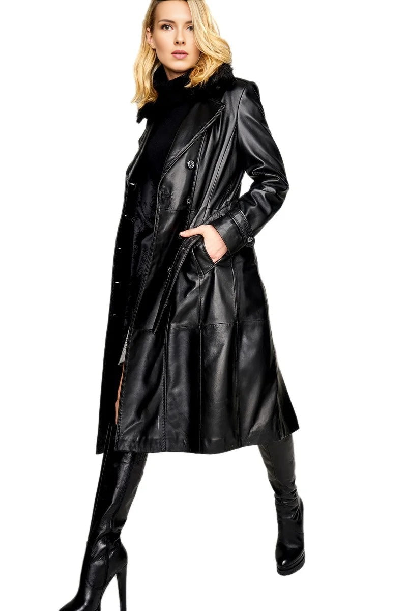 Alexia Original Fur Collar Black Leather Coat For Men