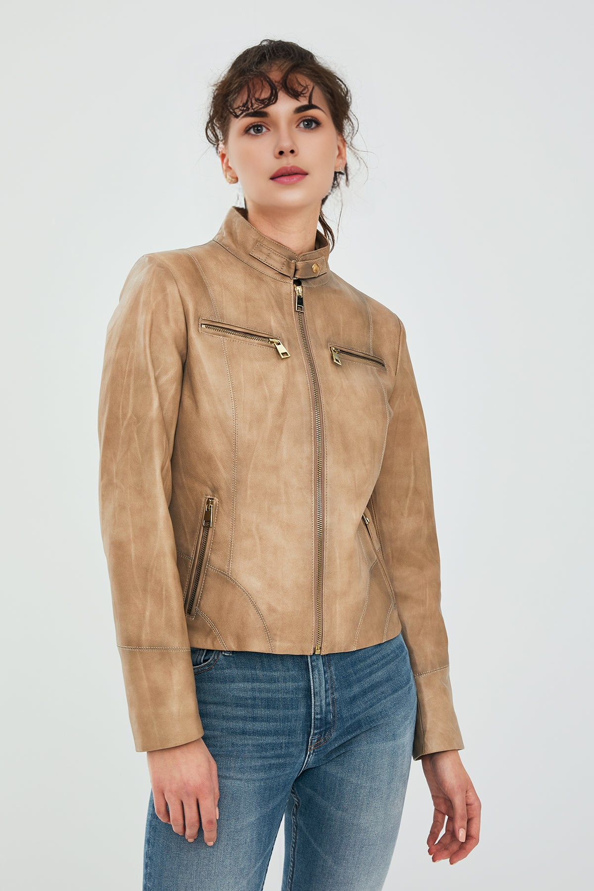 Alicia Short Beige Leather Jacket For Women