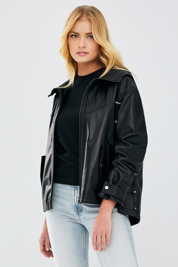 Martha Black Hooded Leather Jacket For Women