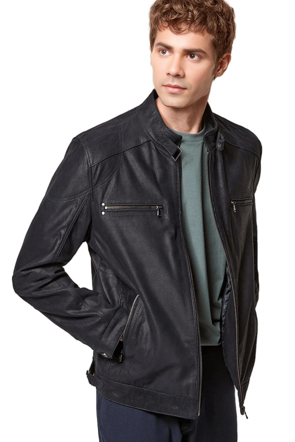 Clifford Navy Blue Cafe Racer Leather Jacket For Men