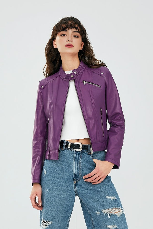 Purple Stylish Motor Bike Leather Jacket For Women
