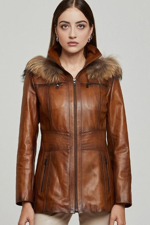 Ariana Women’s Leather Jacket with Faux Fur Hood - Brown