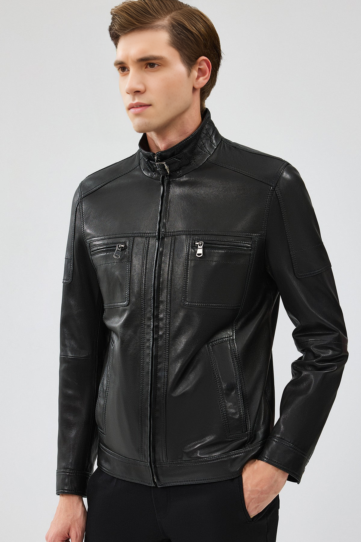 Wade Slim-Fit Black Leather Jacket For Men