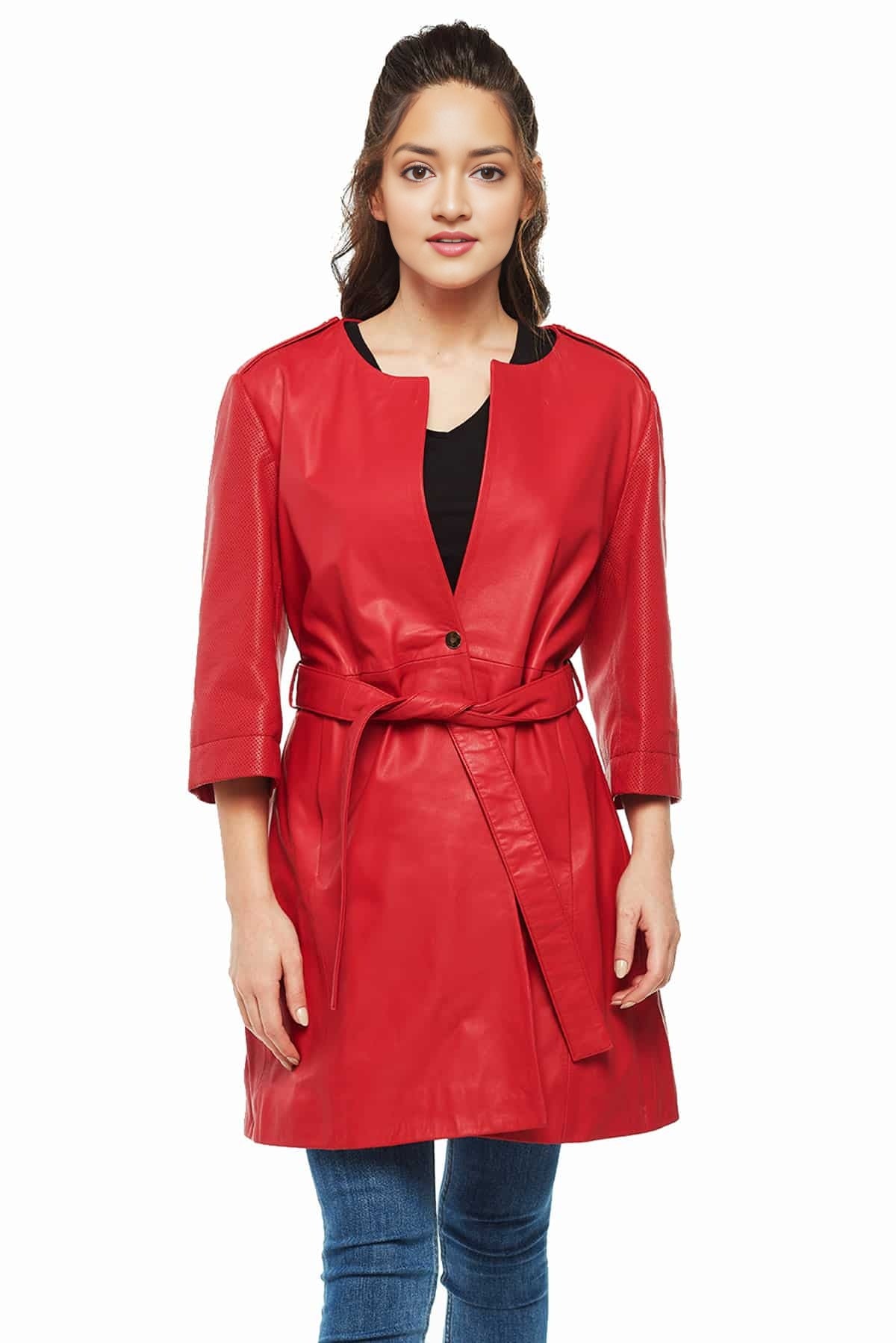 Lauren Red Center Belt Women Leather Coat