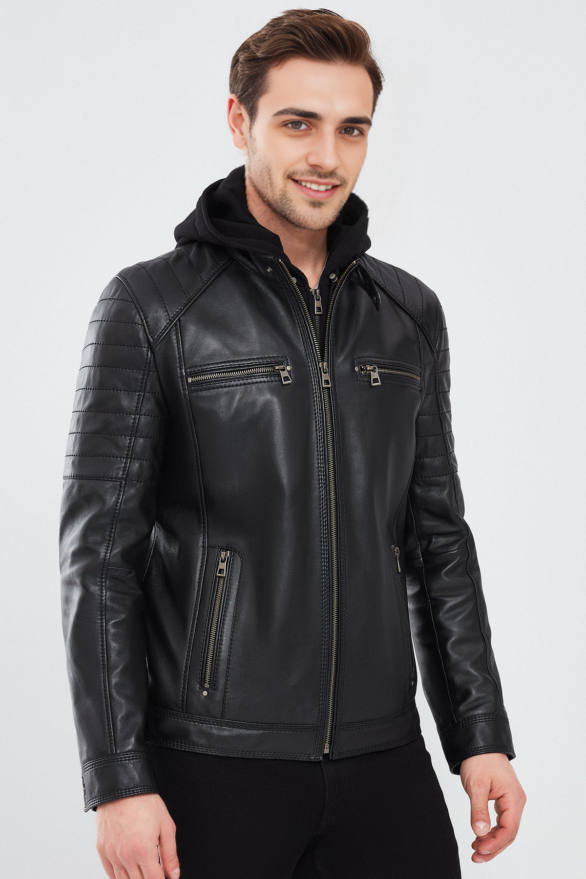 Sergio Black Sports Hooded Leather Jacket For Men