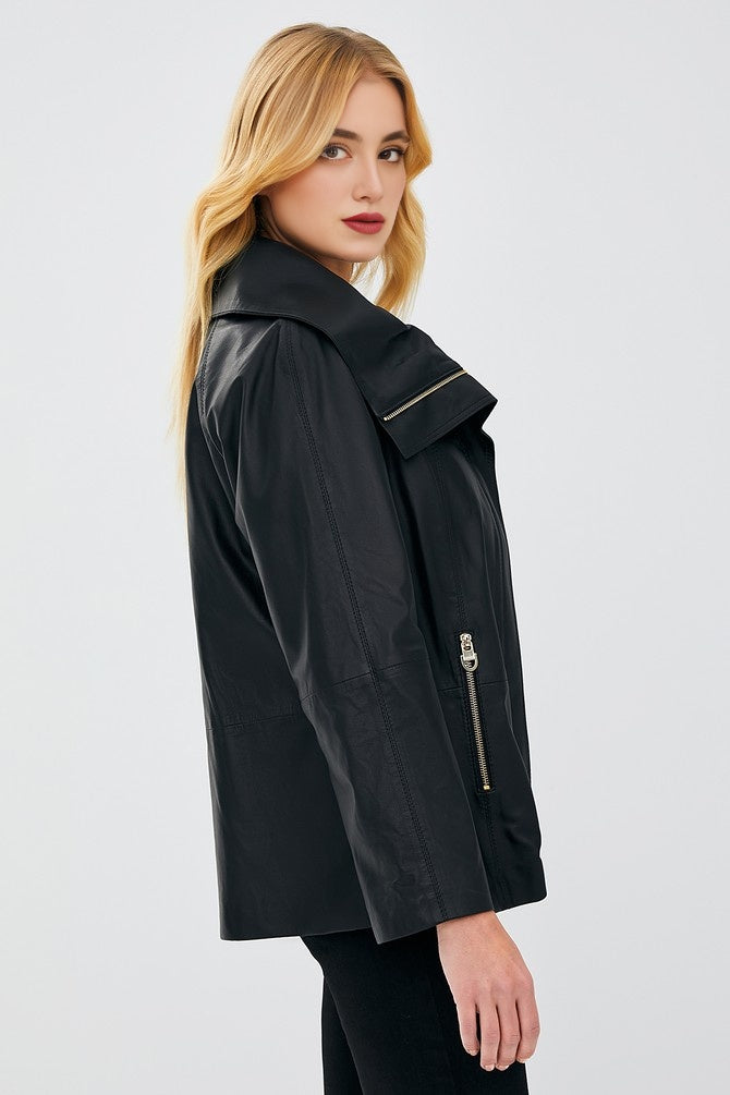 Brenda Free Style Sheepskin Black Leather Coat for Women's