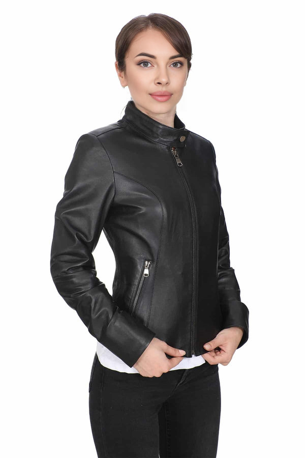 Navaeh Black Motor Biker Leather Jacket For Women