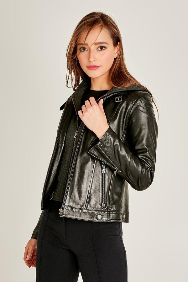 Vegas Black Motor Bike Leather Jacket With Hood For Women