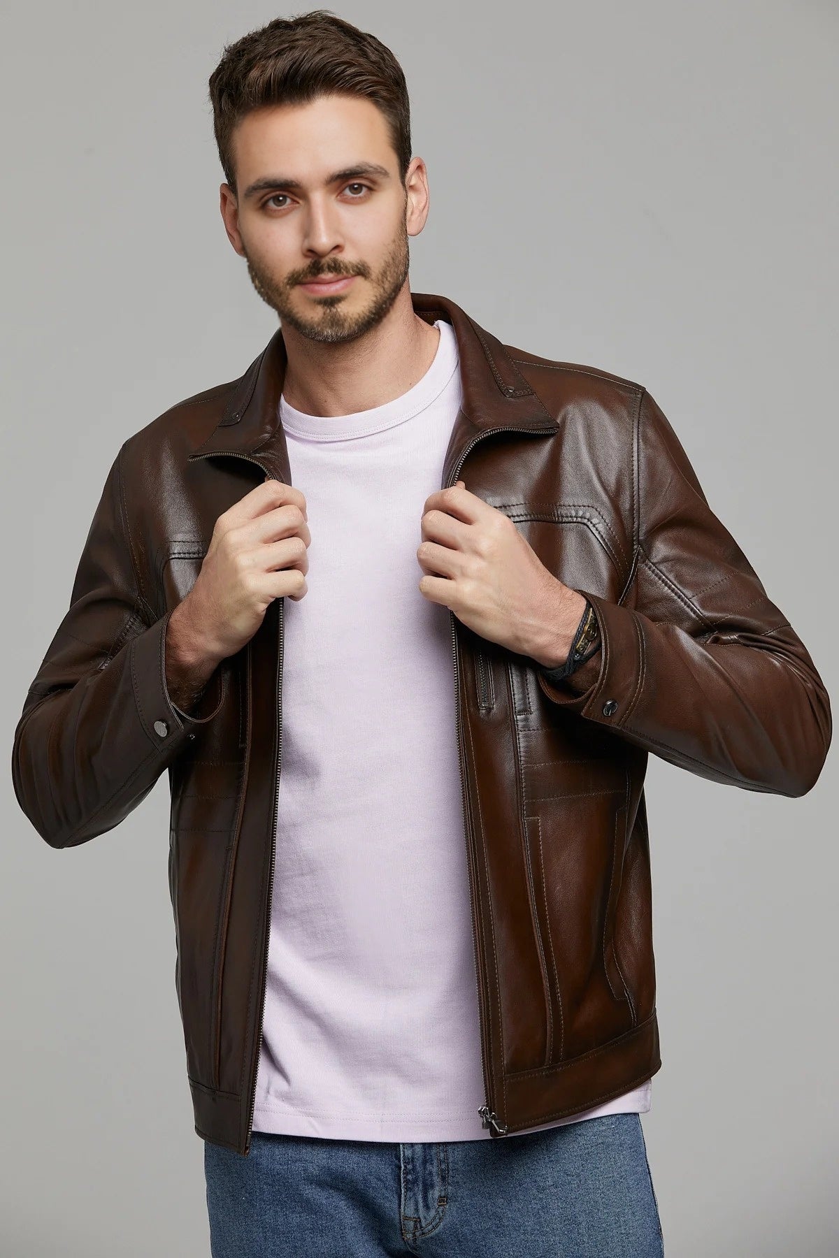 Bruno Cognac Brown Biker Racer Leather Jacket For Men