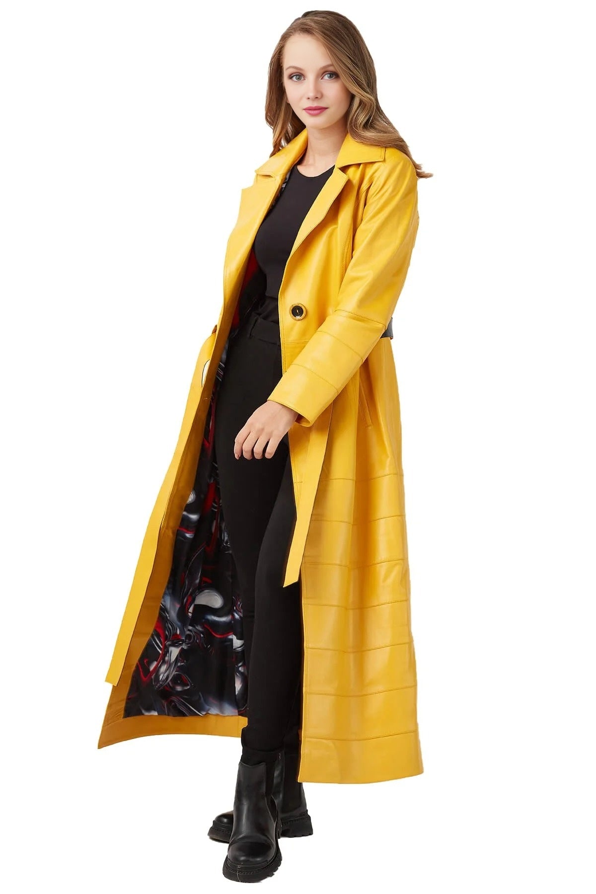 Mary Long Yellow Leather Coat With Center Belt For Women