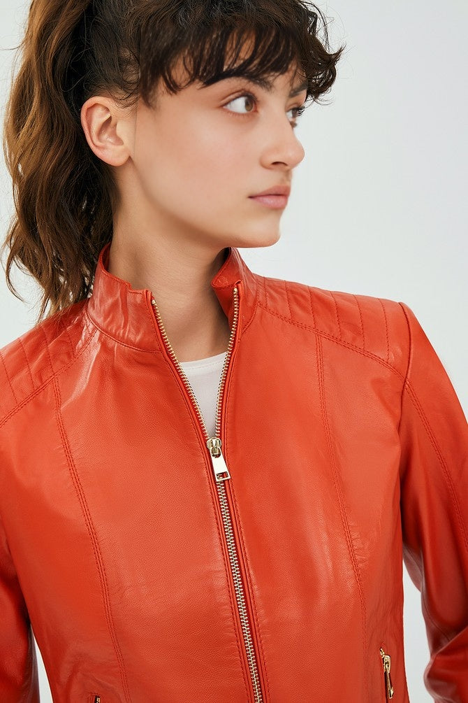 Mariahkay Orange Leather Jacket For Women