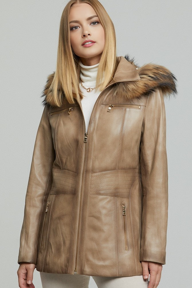 Women Patricia Waxed Beige Leather Coat