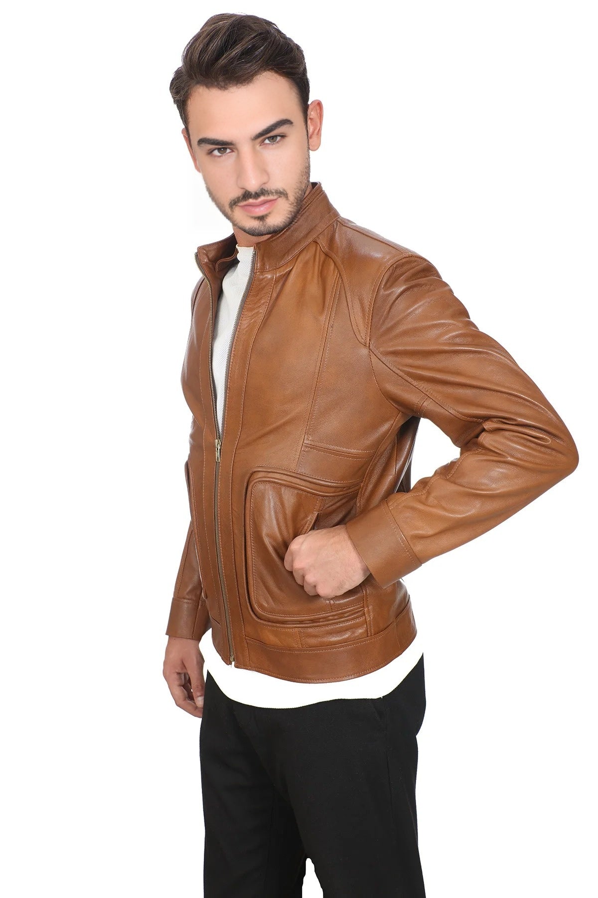 Samuel Brown Cafe Racer Leather Jacket For Men