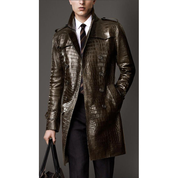 Alligator Skin Leather Men's Trench Coat