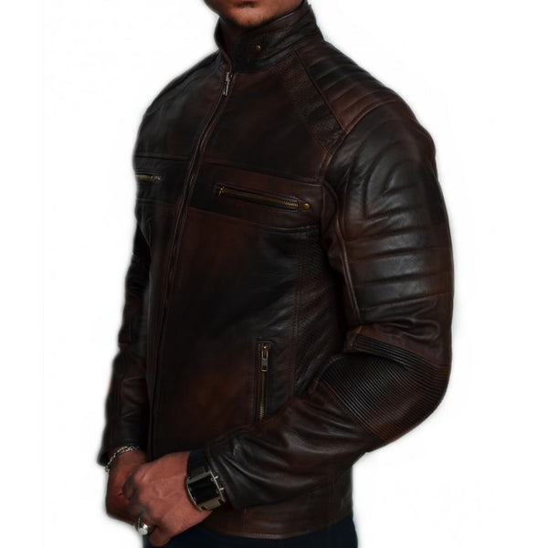Antique Distressed Cafe Racer Dark Brown Leather Jacket For Men