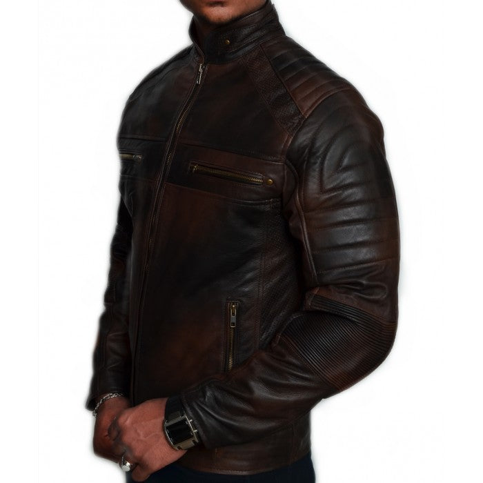Antique Cafe Racer Dark Brown Leather Jacket For Men