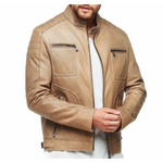 Tan distressed leather jacket with zip pockets, worn by a man over a white shirt