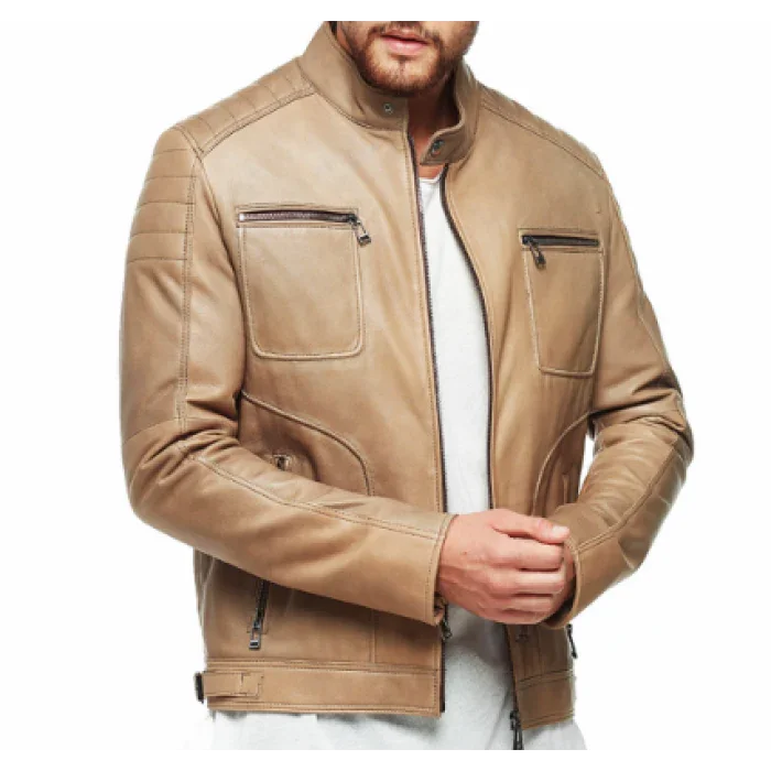 Tan distressed leather jacket with zip pockets, worn by a man over a white shirt