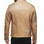 Back view of a light brown distressed leather jacket with padded sleeves
