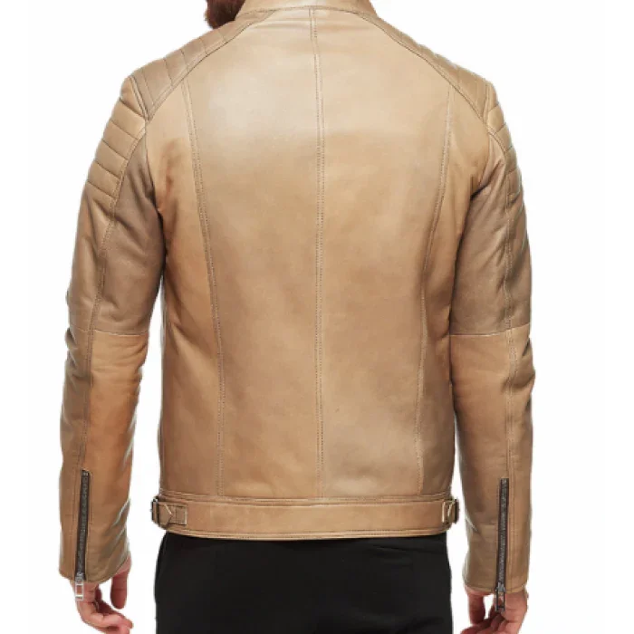 Back view of a light brown distressed leather jacket with padded sleeves
