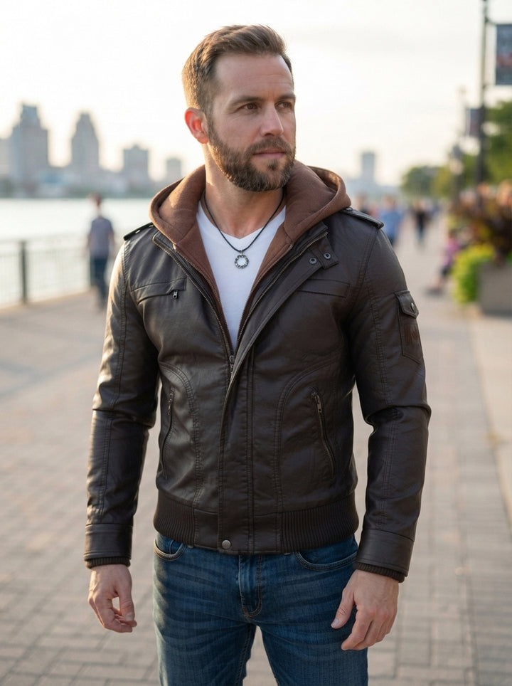 A Handmade Latest Brown Leather Jacket For Men With Hood