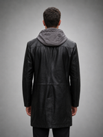 Aaron Men's Black Long Trench Leather Coat With Hood
