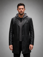 Aaron Men's Black Long Trench Leather Coat With Hood