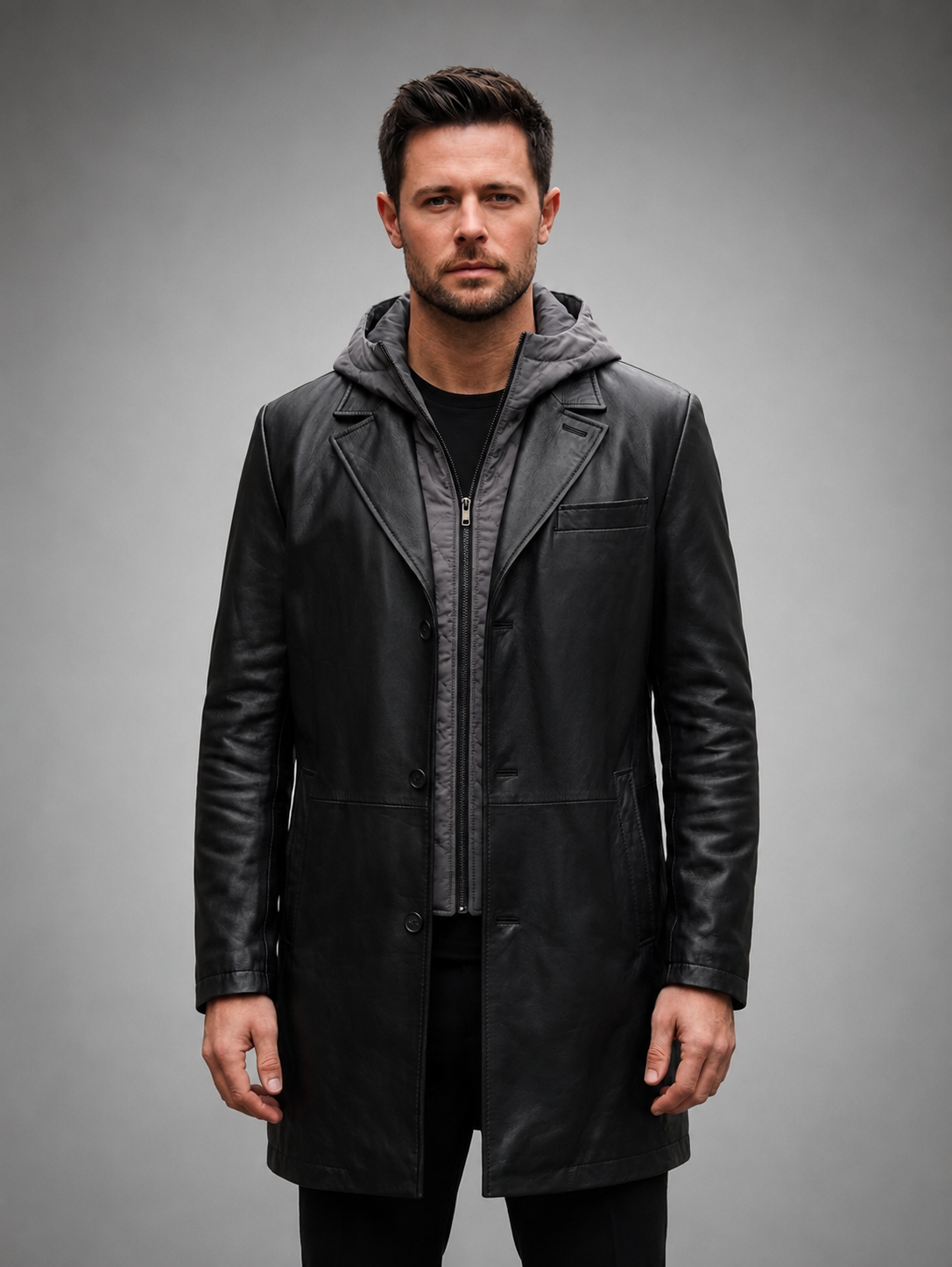 Aaron Men's Black Long Trench Leather Coat With Hood