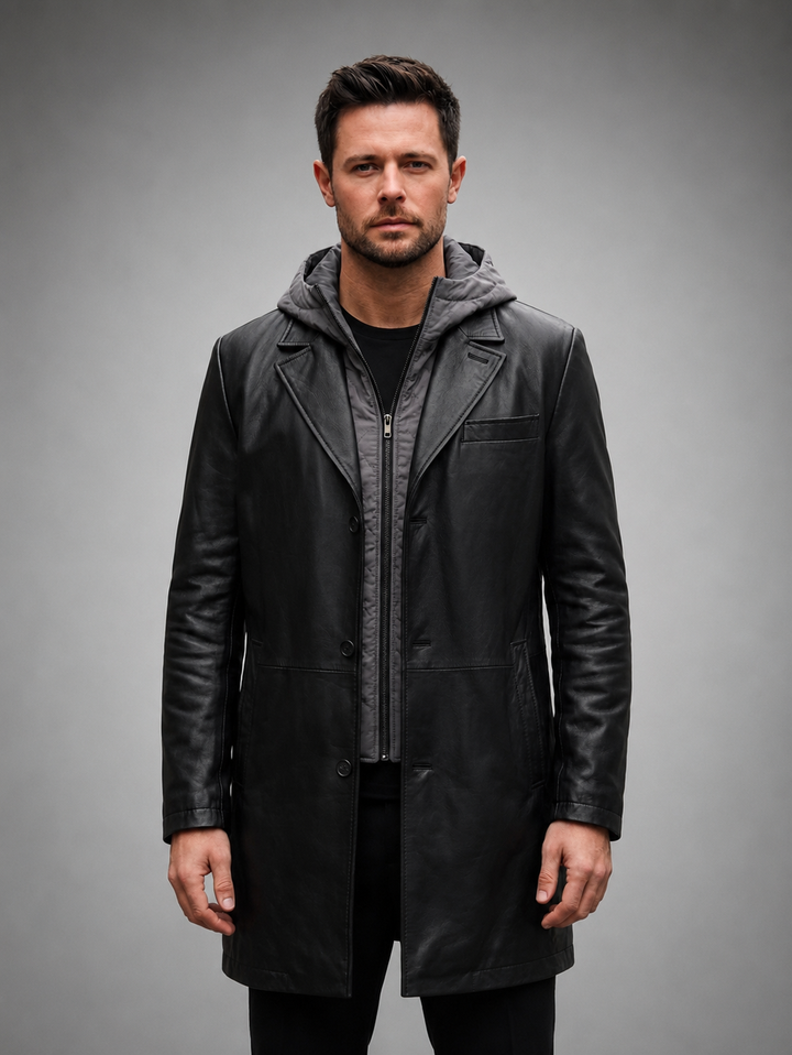 Aaron Men's Black Long Trench Leather Coat With Hood