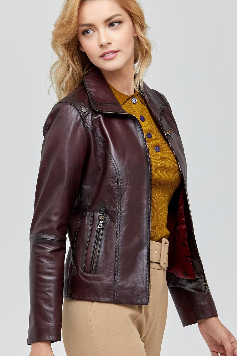 Aria Brown Slim Fit Leather Jacket For Women