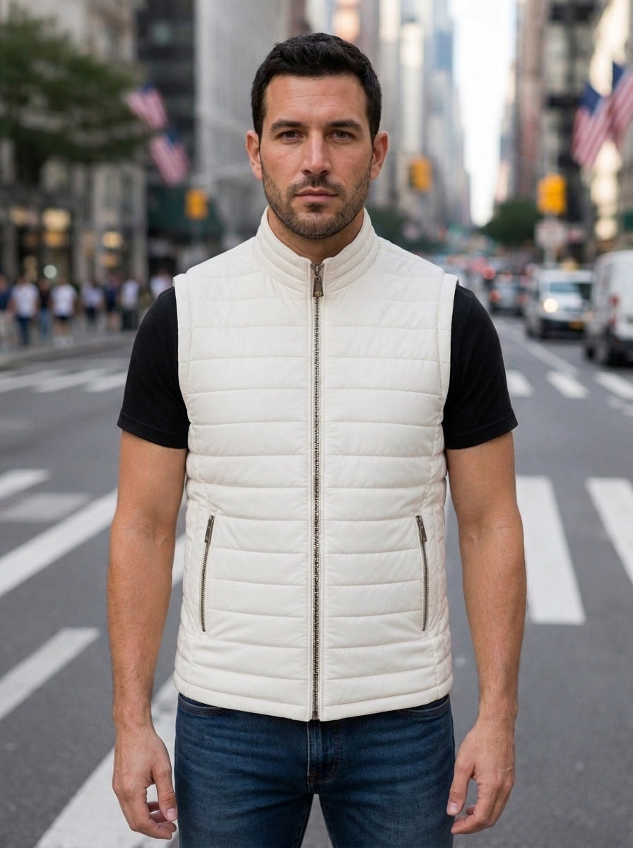 Alexander White Puffer Leather Vest For Men