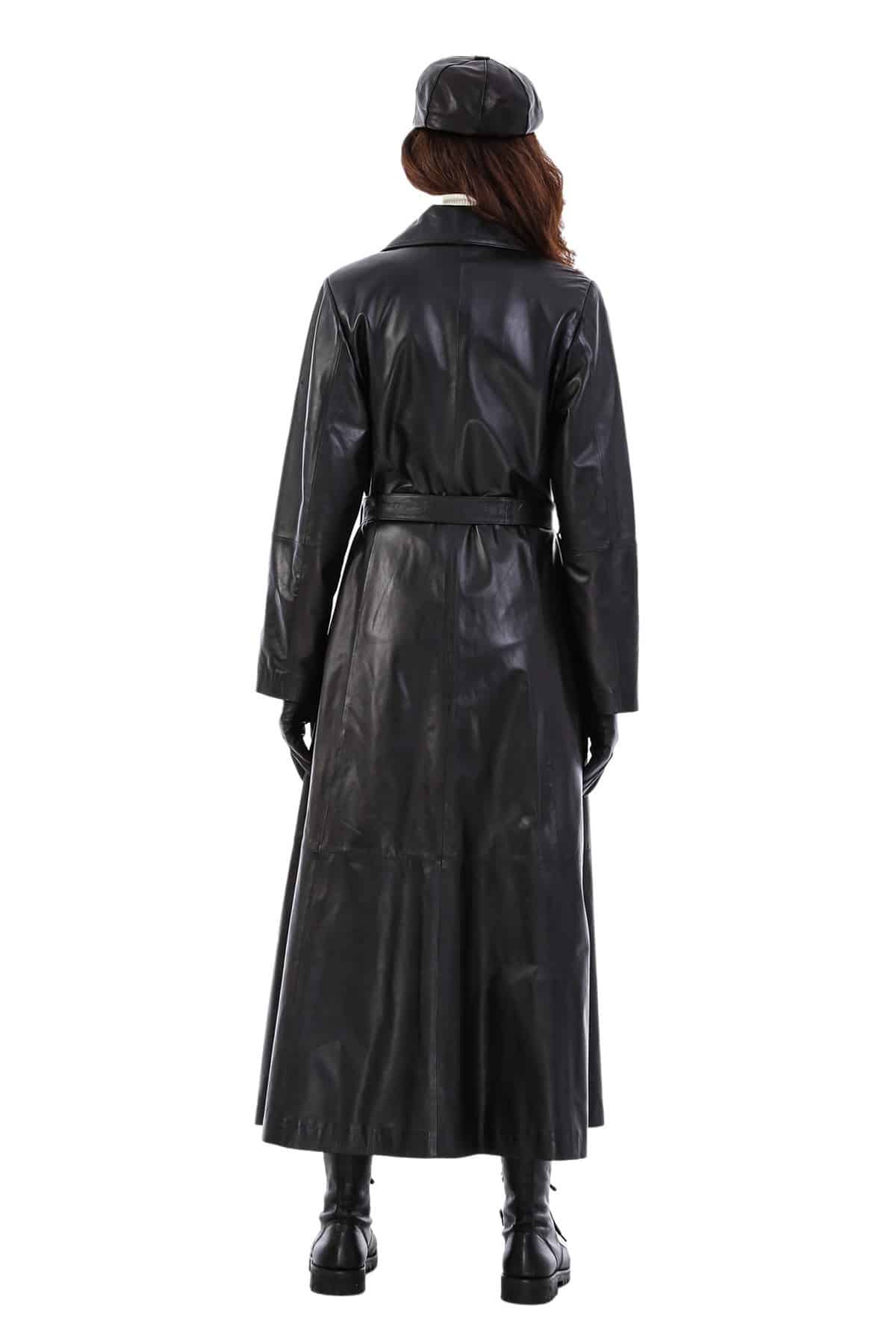 Elsei Black Long Leather Coat With Center Belt For Women