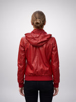 Alison Red Bomber Leather Jacket with Hood For Women