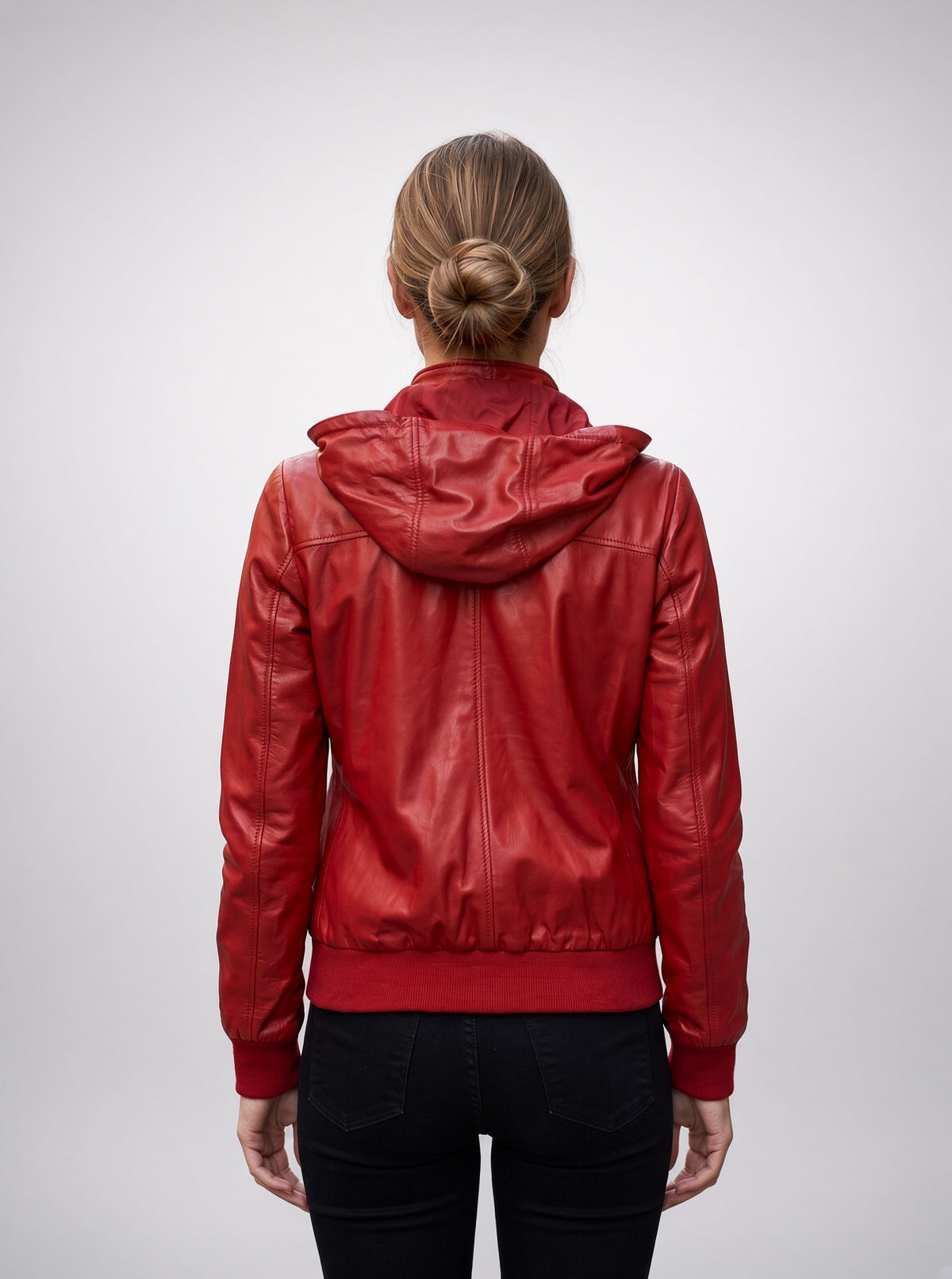 Alison Red Bomber Leather Jacket with Hood For Women