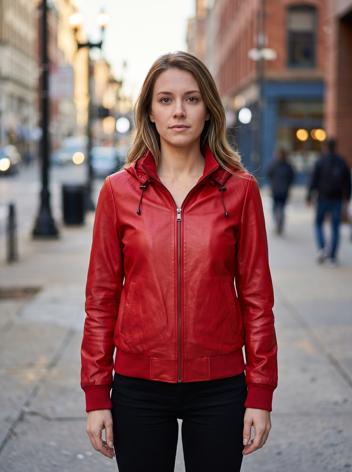 Alison Red Bomber Leather Jacket with Hood For Women