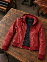 Alison Red Bomber Leather Jacket with Hood For Women