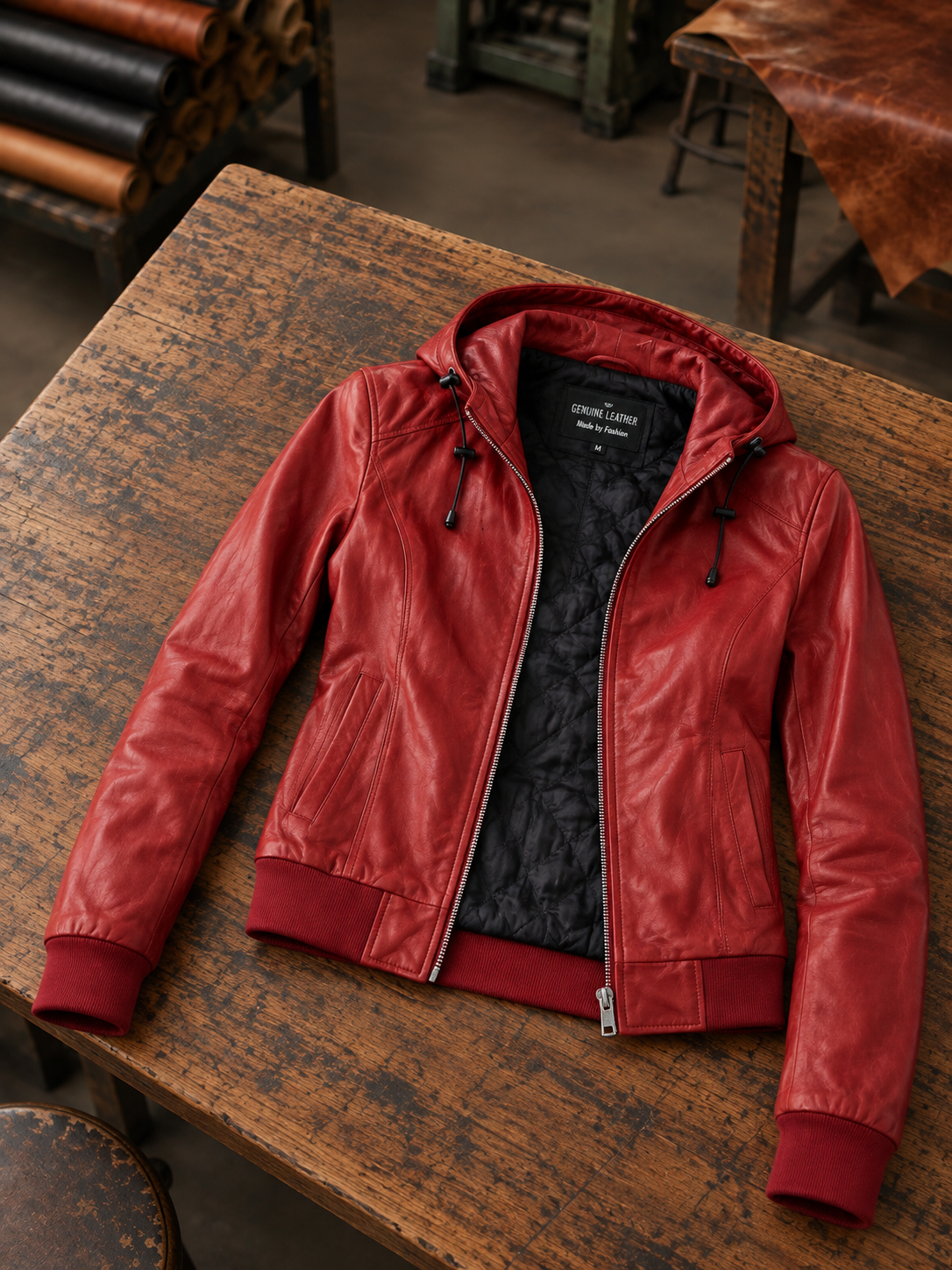 Alison Red Bomber Leather Jacket with Hood For Women