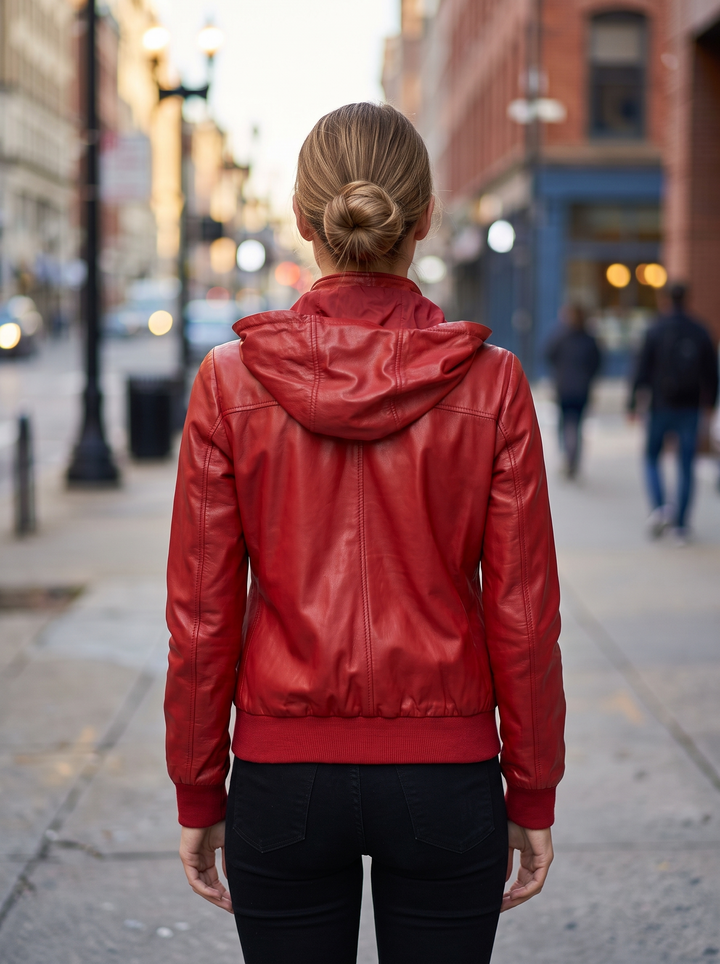 Alison Red Bomber Leather Jacket with Hood For Women