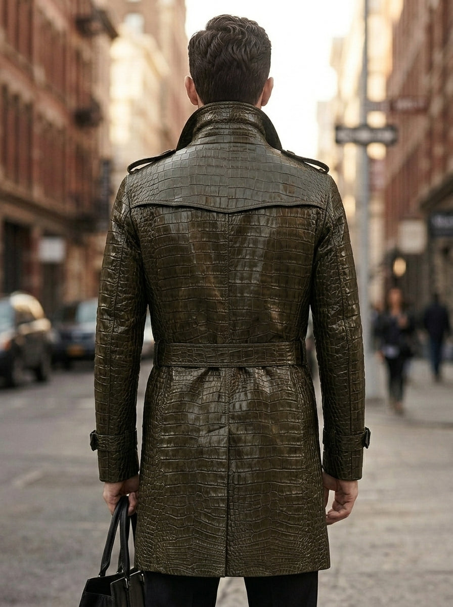 Alligator Skin Leather Men's Trench Coat