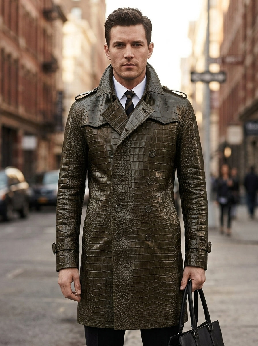Alligator Skin Leather Men's Trench Coat