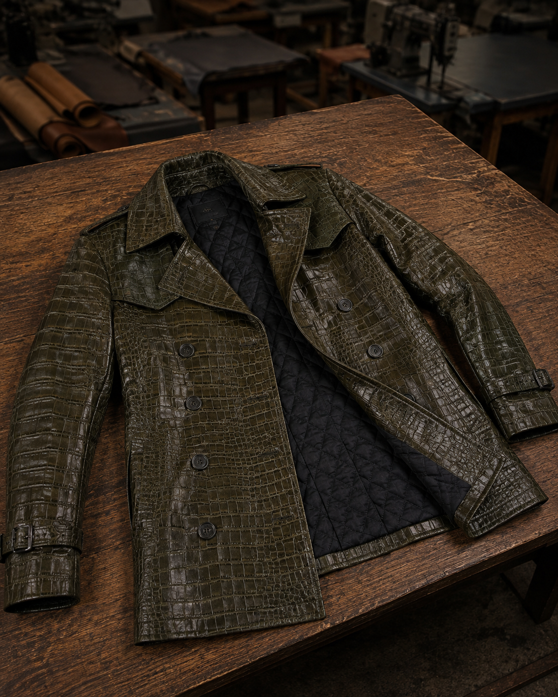 Alligator Skin Leather Men's Trench Coat