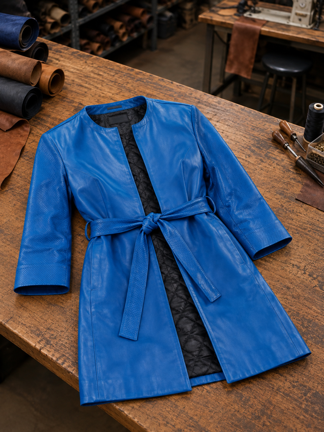 Alyssa Women Blue Biker Leather Coat With Center Belt