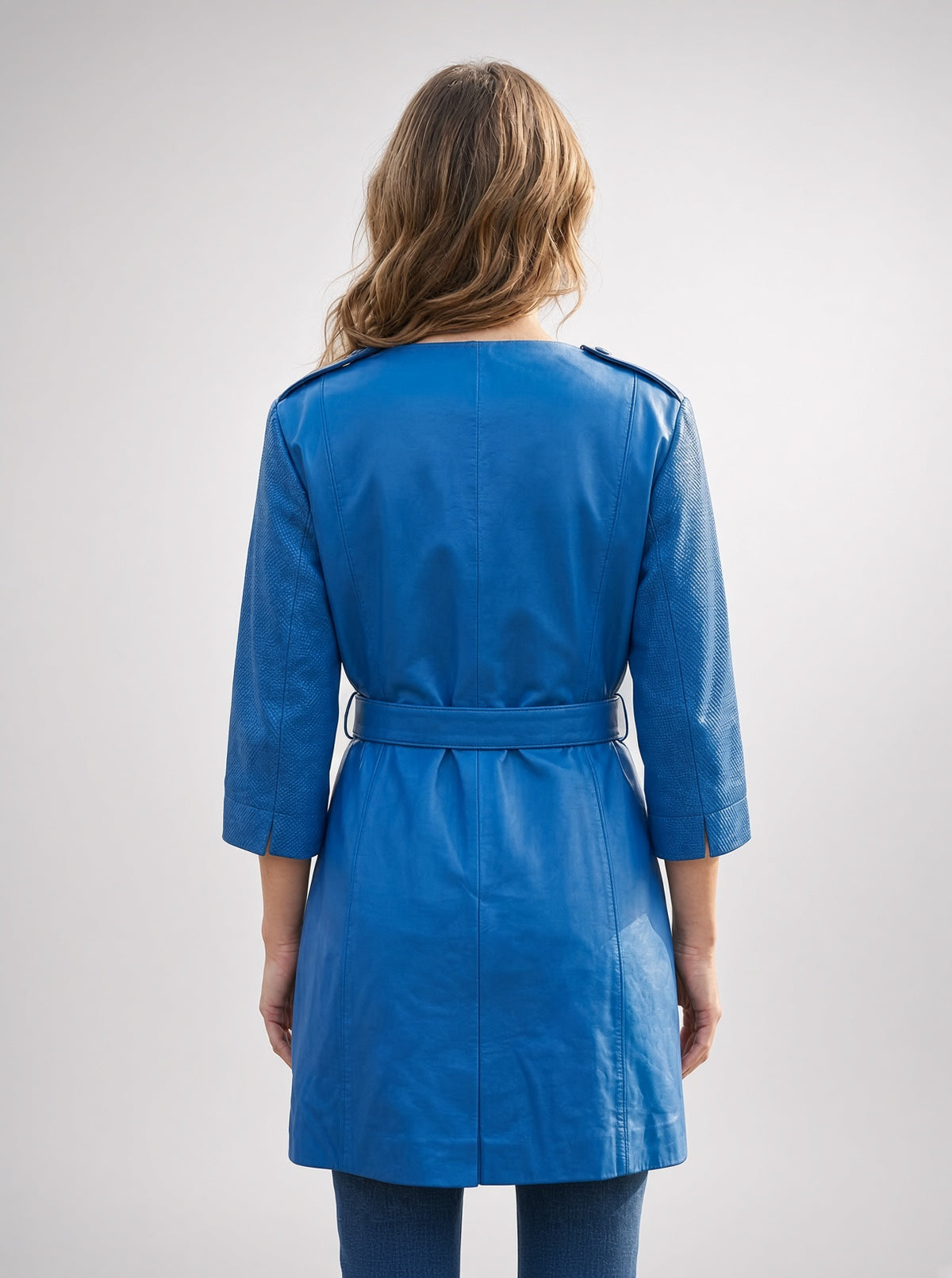 Alyssa Women Blue Biker Leather Coat With Center Belt