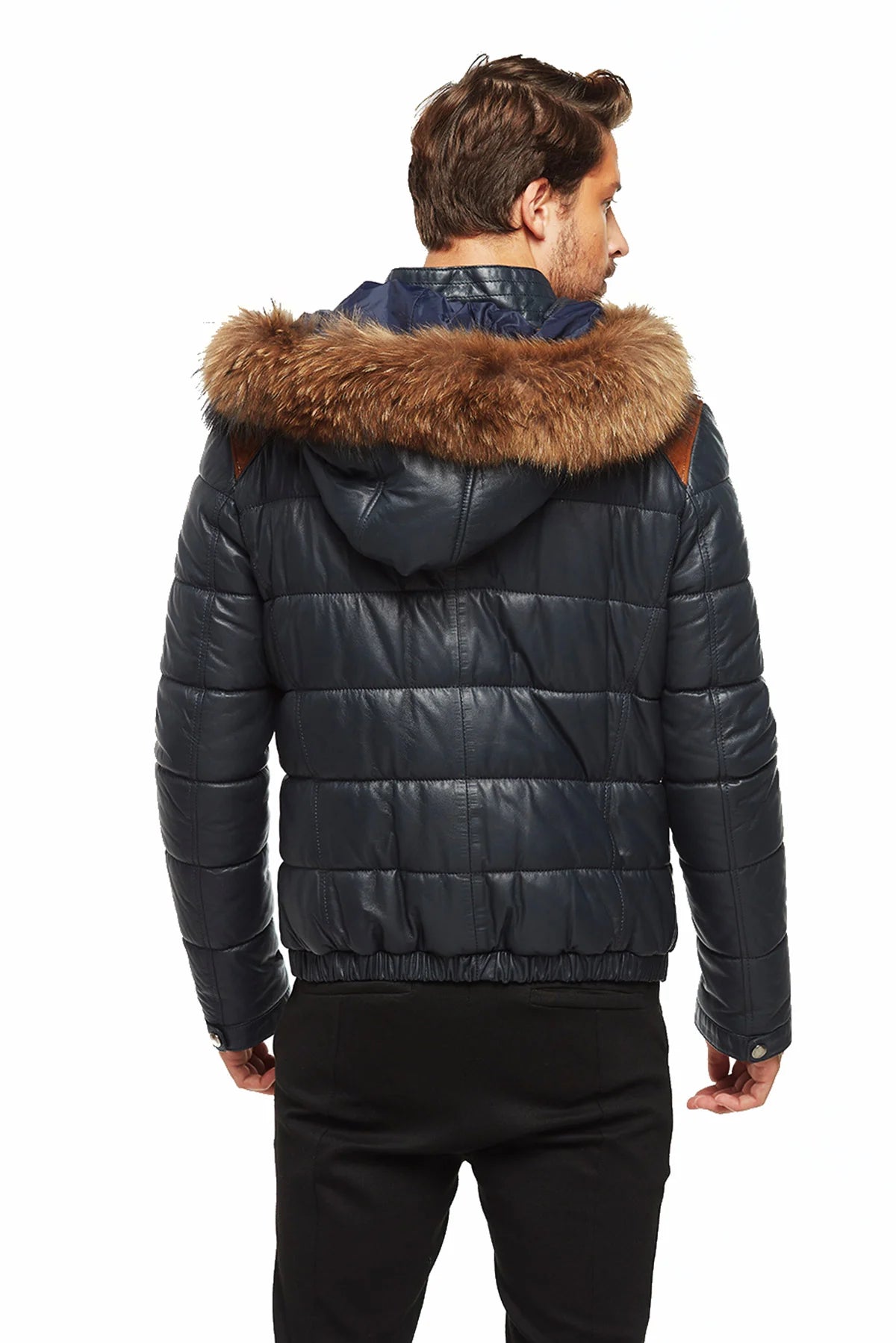 Edward Men Black Puffer Leather Jacket With Fur Hood