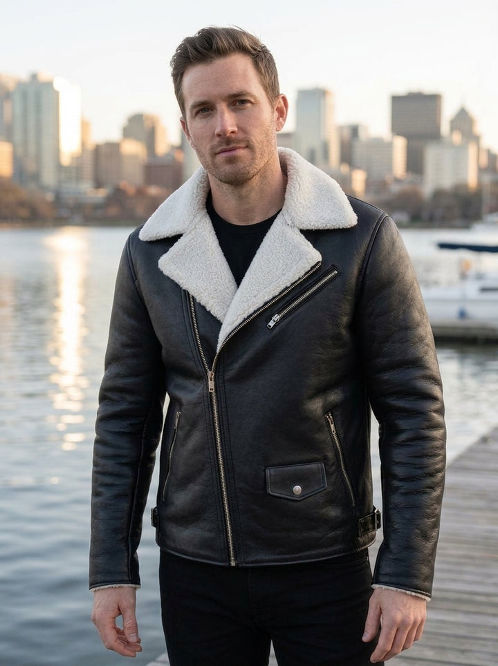 Arctic Noir Shearling Leather Jacket – Timeless Winter Style
