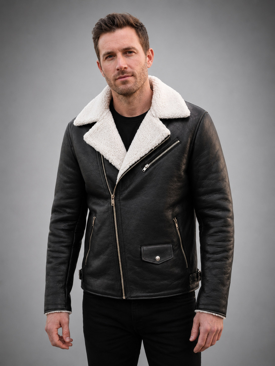 Arctic Noir Shearling Leather Jacket – Timeless Winter Style