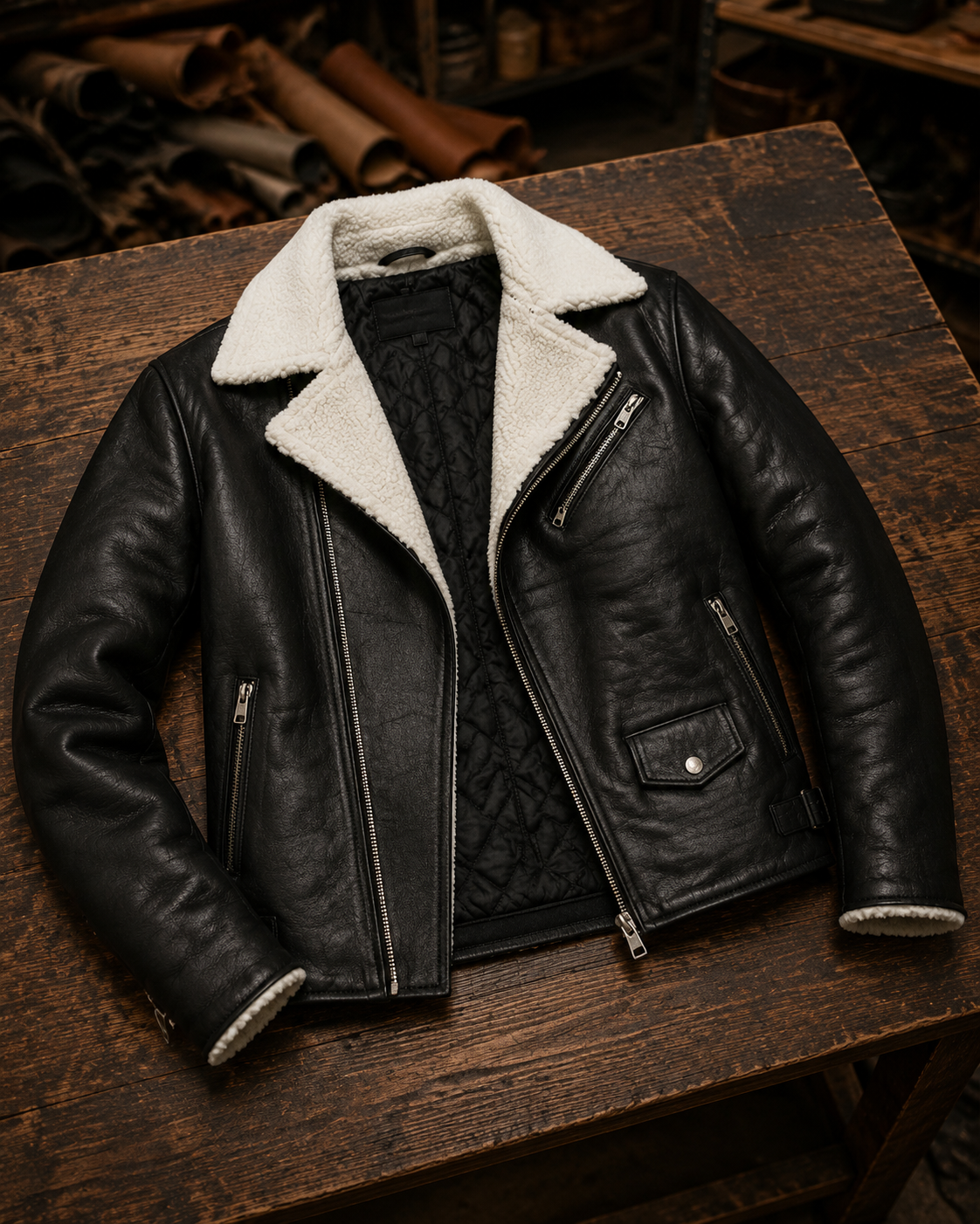 Arctic Noir Shearling Leather Jacket – Timeless Winter Style