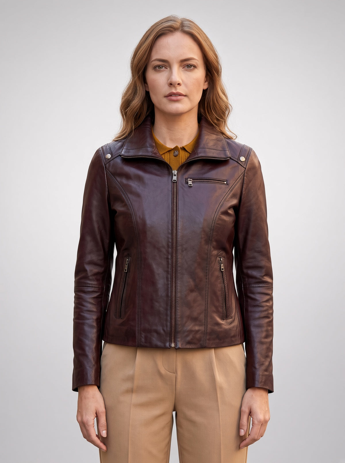 Aria Brown Slim Fit Leather Jacket For Women